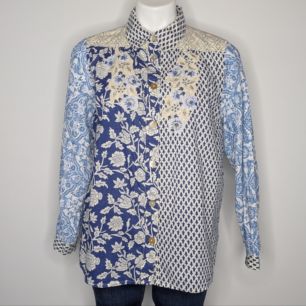 Soft Surrounding Blue Cream Eyelet Lace Mixed Print Embroidered Floral Button Up